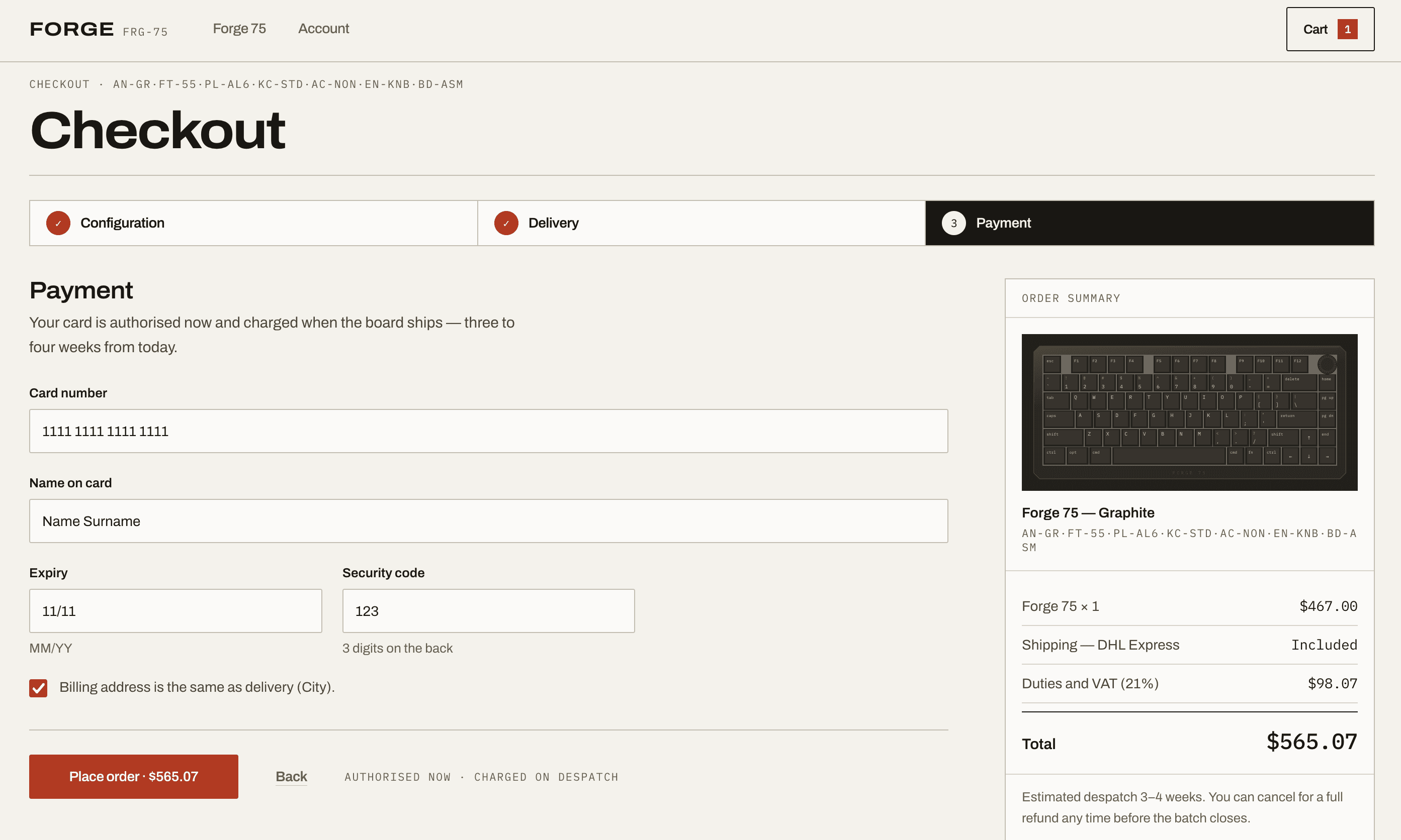 The payment step of a three-step checkout. Card fields on the left under a note that the card is authorised now and charged when the board ships, and an order summary on the right with the build code, shipping, duties and total.