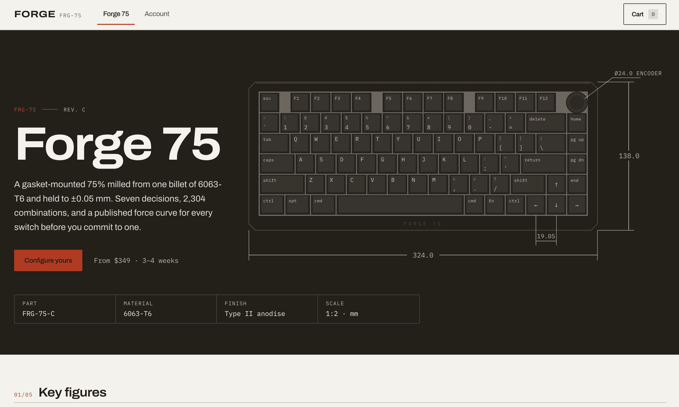 The Forge 75 landing page. The product name is set very large beside a dimensioned line drawing of the keyboard, with overall width, height and encoder diameter called out on leader lines, and a row underneath listing part, material, finish and drawing scale.